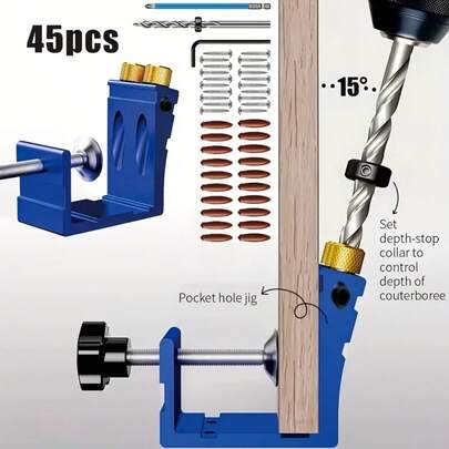 45件套可调节斜孔钻孔夹具套装 - 金属结构，15度角钻孔导向器，用于精确木工 - 包含螺丝和钻头，是DIY细木工的理想之选