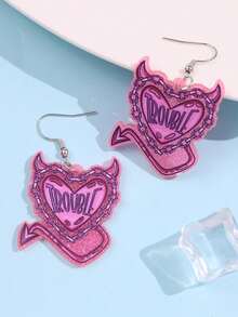一对时尚创意趣味独特精致可爱卡通爱心锁链恶魔标语亚克力吊坠耳环，适合女性日常穿搭、节日和派对场合。 - 彩色 - 查看 3