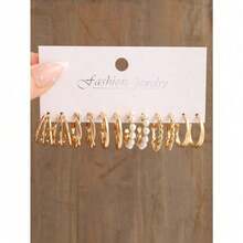 Set Of 12 Fashionable Faux Pearl Geometric & Twisted Hoop Earrings For Women, Multiple Styles Mixed Combo Pack, Minimalist Elegant All-Match Design, Lightweight Comfortable For Daily Wear Office Dating Party Banquet Holiday, Ideal Gift For Girlfriend Wife Mom Friends On Birthday Valentine's Day Mother's Day Christmas,  Female Ear Jewelry Set For Various Occasions - 金黃色 - 查看 4