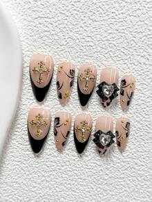 10Pcs Gothic Y2K Babe Style Polygel Nail Set,French-Style Black Tips, Gold Rhinestone Accents, Hand-Painted Black Bows,Leopard-Print Hearts Adorned Rhinestones Metal Beads Nail Art Accessories,Comes With Nail Tools(1 Sheets Jelly Stickers+1PC Nail File)3 Sizes Available,Almond Nails, Duck Nails,Coffin Nail,Suitable For Daily, Everyday Outings Parties, Nightclubs, Music Festivals, Niche Occasions - 彩色 - 查看 3