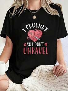 Camiseta Unisex 100% Algodón con Estampado Divertido "Yo hago crochet para no deshilachar", Camiseta de Hombre y Mujer, Manga Corta, Cuello Redondo - Negro - Ver 6