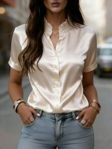 女士缎面无袖立领衬衫，无弹力常规版型，适合春夏秋季穿着 - 杏色 - 查看 5