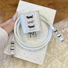 全新TPU充电器和数据线保护套套装，狗狗波点图案，耐用18/20W充电线保护套，防断裂数据线整理器，适用于 16/15/13/14充电器 - 彩色 - 查看 3