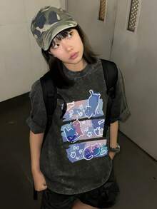 Summer New Z Generation Y2K Women Top Funny Cartoon Cat Print Round Neck Short Sleeve T-Shirt - Black - View 3