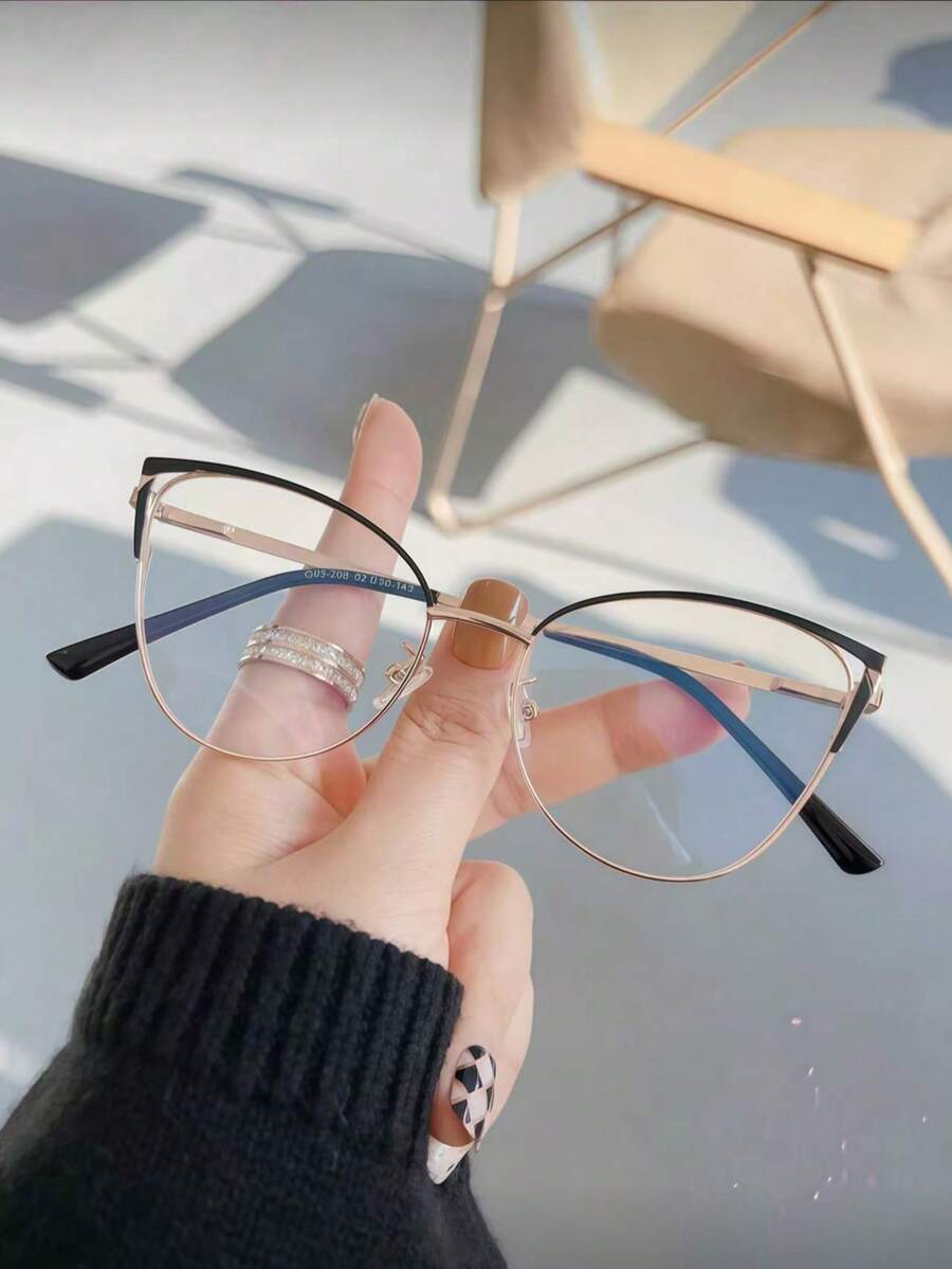 1 Pair Women's Metal Cat Eye Rhinestone Unique Design Shiny Transparent Lens Glasses - Clear - View 1