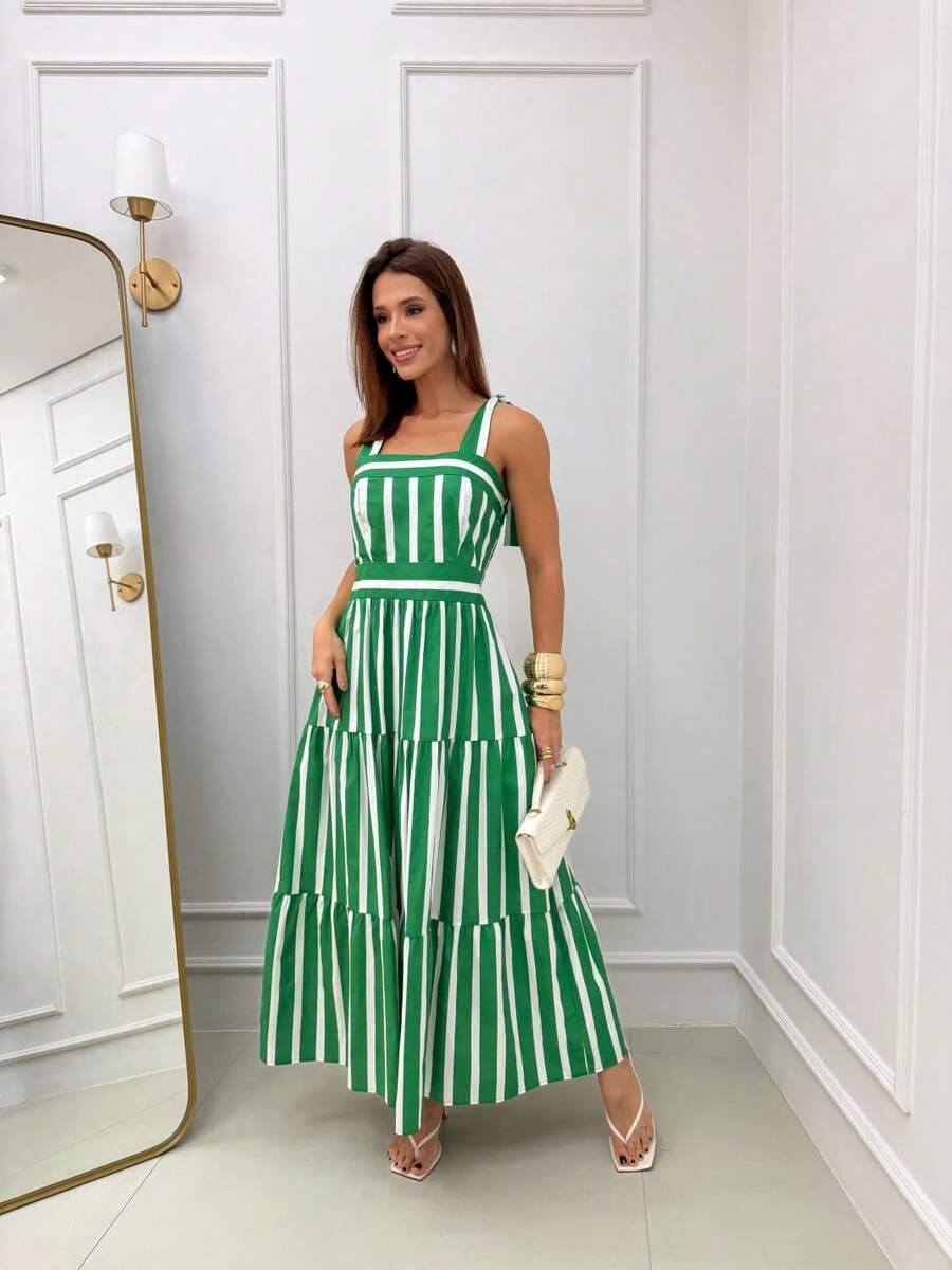 15 Striped All-Over Print Ruched Fabric Ruffle Hem Wedding Dresses - Green - View 1