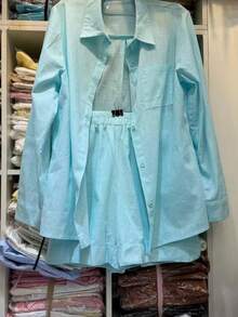 Linen Shirt And Shorts Set (2 Pieces), Lined With Elastic. - Mint Blue - View 2
