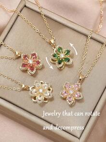 1pc Copper & Cubic Zirconia Plum Blossom Shaped Rotatable Women's Fashion Necklace SURJ - 花式 - 查看 11