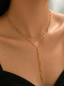 1 buah Kalung Y Multilayer Minimalis Vintage Hitam dengan Bola Logam, Cocok untuk Pemakaian Sehari-hari, Pesta, dan Liburan - rantai emas - View 4