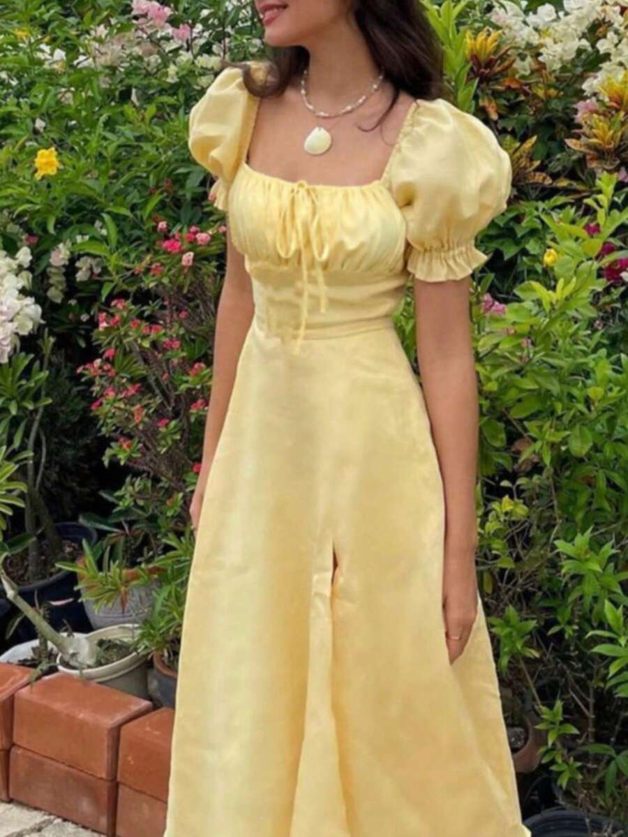Vestido de línea A con mangas de pétalo, busto fruncido y cintura con lazo, elegante para mujer, color amarillo, para verano - Amarillo - Ver 1