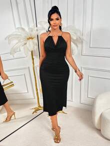 AIJ Elegant Sleeveless Halter Neck Fitted Long Dress, Black Knit With Pleated Bust And High Slit Design, Suitable For Parties Summer - Black - View 4