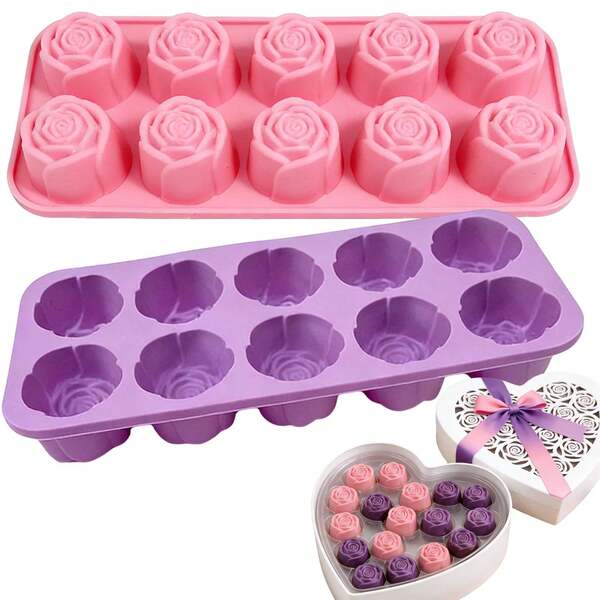 Molde de silicona con 10 cavidades con forma de rosa, tamaño 9.53x3.54 pulgadas, adecuado para hacer chocolate, gelatina, jabón, helado, decoración de magdalenas, herramienta de cocina para hornear
