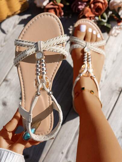 WRCVS 米色女士凉鞋，夏季平底凉鞋，复古鞋，手工串珠编织带平底鞋，轻便，适合沙滩，随机花卉图案户外凉鞋