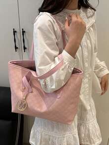 New Lightweight Tote Bag For Women With Rivet Decor, Large Capacity Suitable For Commuting, Shopping, Office, University - Pink - View 6