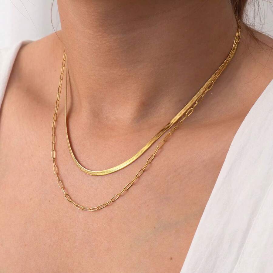 Bộ 2 dây chuyền nữ bằng thép không gỉ mạ vàng, kiểu dáng tối giản với dây xích hình rắn và dây xích hình kẹp giấy, thích hợp đeo hàng ngày. - Vàng - Xem 1