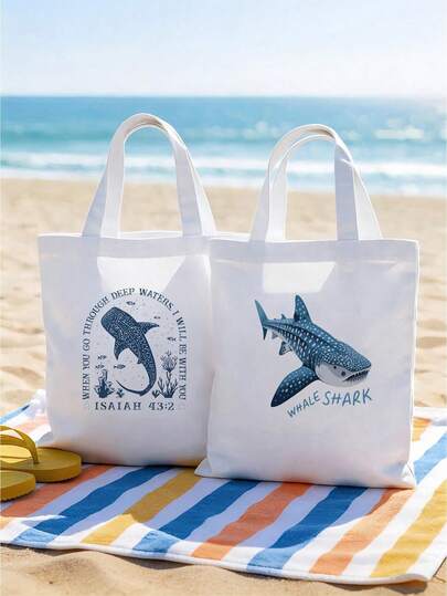 海洋动物印花帆布单肩包，女士米色手提包，保护海洋生物，时尚购物袋，休闲配饰