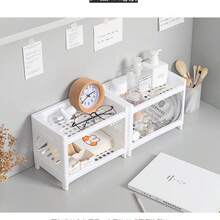 1PC PP Desktop Double Layer Storage Rack Rectangular White Organizing Student Desk Office Cosmetics Stationery - White - View 6