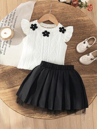 少女圆领3D立体花卉装饰短袖上衣搭配褶皱网纱迷你裙休闲套装