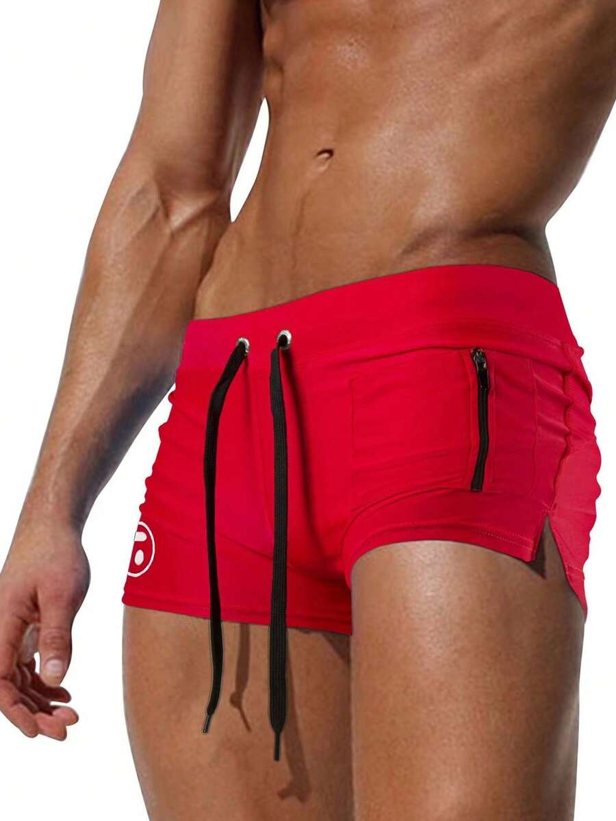 Plus Size Men's Sexy Swim Trunks With Front Pockets & Zipper, Beach Shorts Sports - Red - View 1
