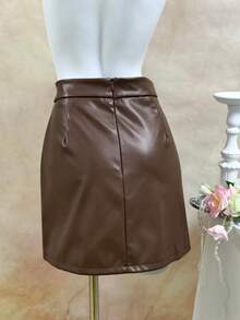 Happy Girl Casual Elegant PU Leather Mini Skirt, Versatile For Spring/Autumn, Casual, Fashion, Formal Events, Photoshoot, Tea Party, Airport Outfit - Brown - View 6