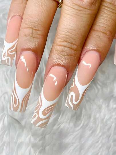 24片法式美甲贴片，Y2K奶茶色，短款T字形哑光图案，简约美甲，可重复使用，亚克力材质，假指甲用品，赠送24片果冻贴片和迷你指甲锉。