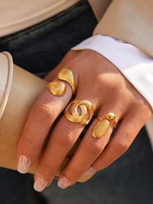 Uself 3pcs/1pc Chic 18K Gold Plated 304 Stainless Steel Ring Set Modern Interlocking Knot & Textured Teardrop Design Dainty Finger Jewelry For Women & Minimalist Fashion Enthusiasts - Multicolor - View 7