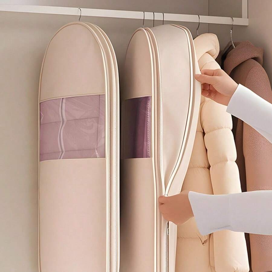 1pc Large Space Saving Durable Fabric Hanging Garment Bag Modern Beige Rectangular With Self-Compression Zipper For Dustproof Closet Organizer Clothes Storage Bag Winter Down Coats Wardrobe - Multicolor - View 1
