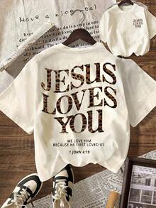 Women's Casual Round Neck Short Sleeve T-Shirt With "Jesus Loves You" Leopard Print Graphic, Summer Vacation Outfit - Light Apricot - View 1