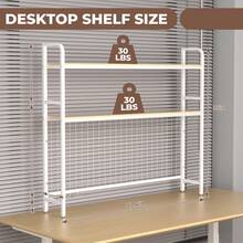 Bookshelf For Desk,2-Tier Desktop Bookshelf - Metal Desktop Bookshelf Organizer,Desk Book Organizer With 3 Hooks & DIY Storage Mesh,Suitable For Office/Game Room/Study/Powder RoomPerfect For Organizing Books, Magazines, Office Supplies(White) - 白色 - 查看 3