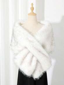 1pc Faux Fur Bridal Shawl With Collar, Autumn/Winter Cape For Wedding Dress, Scarf - 雙色杏色 - 查看 3