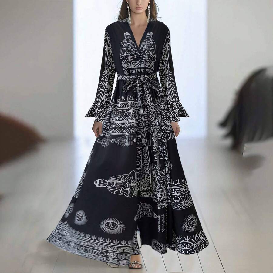 2026 New Women Summer Casual Printed Dress With V Neck Ruffle Hem High Waist A Line Mini Dress For Beach Party Daily Wear - Black - View 1