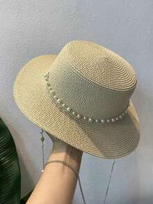 1pc Women's French Elegant Anti-UV Straw Hat With Pearl, Graceful Pearl Hat, Unisex Straw Hat, Suitable For Beach Vacation Bohemian - Pearl Multicolor - View 11
