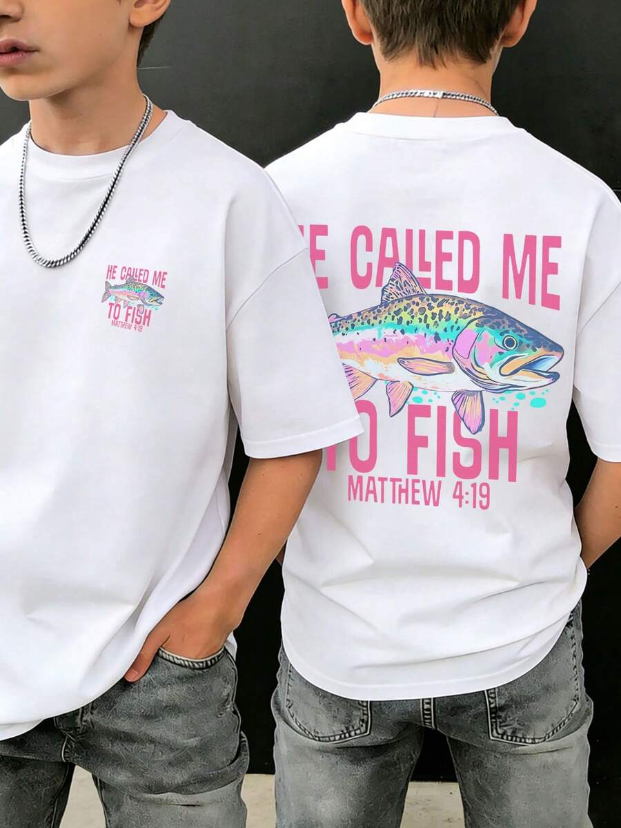 青少年男童印花短袖T恤，学生休闲夏季上衣 - 白色 - 查看 1