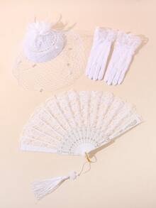 1 Set Girls' Party Dress Outfit Including Pearl Hair Accessory, Lace Gloves And Fan, Suitable For Tea Party And Photography - Top Hat + Gloves + Fan - View 12