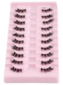 10 Pairs Transparent Fiber Criss-Cross Fluffy Curly Half-Strip False Eyelashes, 3D Faux Mink Handmade 7-10mm Lengthening Lashes, Suitable For Women Makeup And Parties - Black - View 5