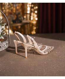 Women's High Heels, Women's High Heel Sandals, Women's Open-Toe Lace Mesh High Heels, Women's Closed-Toe Backless Stiletto Heels, Fairy Style, White, Floral, For Parties. - Champagne - View 8