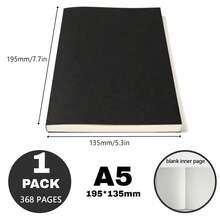 A5 Blank Black Cardstock Notebook, 368 Pages High Capacity, Minimalist Writing Journal - Black - View 1