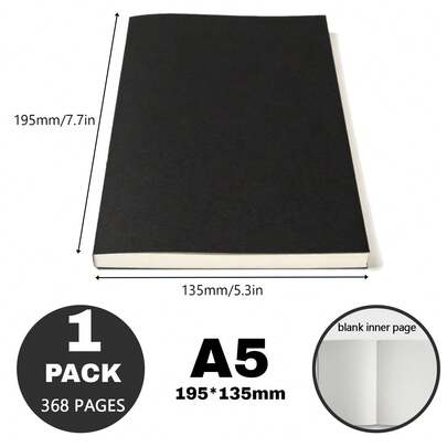A5 Blank Black Cardstock Notebook, 368 Pages High Capacity, Minimalist Writing Journal