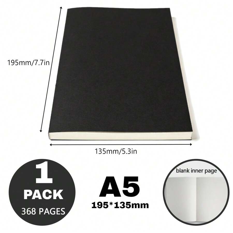 A5 Blank Black Cardstock Notebook, 368 Pages High Capacity, Minimalist Writing Journal - Black - View 1