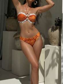 性感镂空环扣比基尼上衣搭配高弹半透明泳裤，女士度假比基尼套装 - 亮橙色 - 查看 6