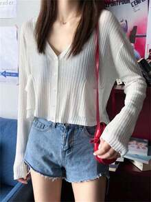 Women's Loose Cropped Cover Up, Long Sleeve Open Front Knit Sweater, Lightweight Spring/Summer Outerwear White - 白色 - 查看 5
