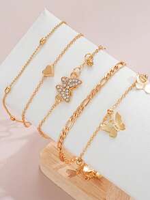 Set de 4 piezas de tobillera con cuentas con diseño de mariposa y cadenas en forma de corazón, adecuado para uso diario, vacaciones, fiestas, regalo para amigas y novias - Amarillo Oro - Ver 3