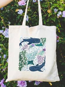 海洋生物印花帆布手提袋，轻便可重复使用，适合泳池度假日常必备 - 彩色 - 查看 5