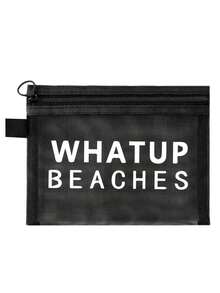 彩色防水网眼沙滩包，印有“WHATUP BEACHES”字样，沙滩主题，大容量透明化妆包，尼龙拉链洗漱包，轻便易携，可装防晒霜、零食、比基尼和沙滩必备用品。 - 彩色 - 查看 15
