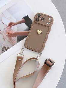 Gold Heart-Shaped Decorative Wavy Edged Solid Color Phone Case With Lanyard, Waterproof, Shockproof, Anti-Fall, Anti-Scratch - Khaki - View 4