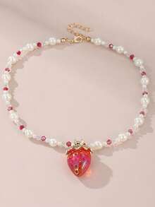 Collar con colgante de fresa de colores, diseño de cuentas de perlas y cristal, joyería exquisita para niñas, regalo de fiesta - Multicolor - Ver 3