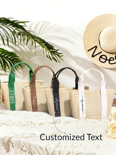 Customized Straw Tote Bag – Personalized Woven Handbag With Custom Text, Ideal For Beach Getaways, Bridesmaid Gifts, Bridal Showers, Bachelorette Parties, Everyday Summer Style, Sun-Soaked Adventures, And Thoughtful Personalized Presents For Friends, Family, And Loved Ones, Featuring Durable Fabric Handles In Multiple Color Options With Elegant Font Choices To Reflect Your Unique Taste