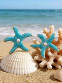 1 Set Asymmetrical Starfish Design Stainless Steel & Plastic Earrings, Fashionable & Elegant, Suitable For Women's Beach Vacation, Gathering With Friends, Or Beach Dates - Yellow Gold - View 9