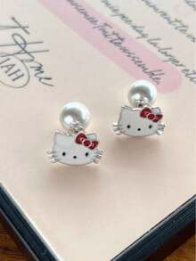 1 Pair Sanrio Cute Cartoon Funny Hello Kitty Earrings, White Cat Stud Earrings, Versatile Fashion Vacation Daily Wear For Girl - White - View 7