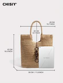CHISIY Handmade Straw Woven Tote Bag, Shoulder Bag, Bucket Bag, Versatile Casual French Style Commuter Bag With Beaded Decor, Roomy Spacious Woven Tassel Handbag For Work, Travel, Beach, All Seasons - Camel - View 2